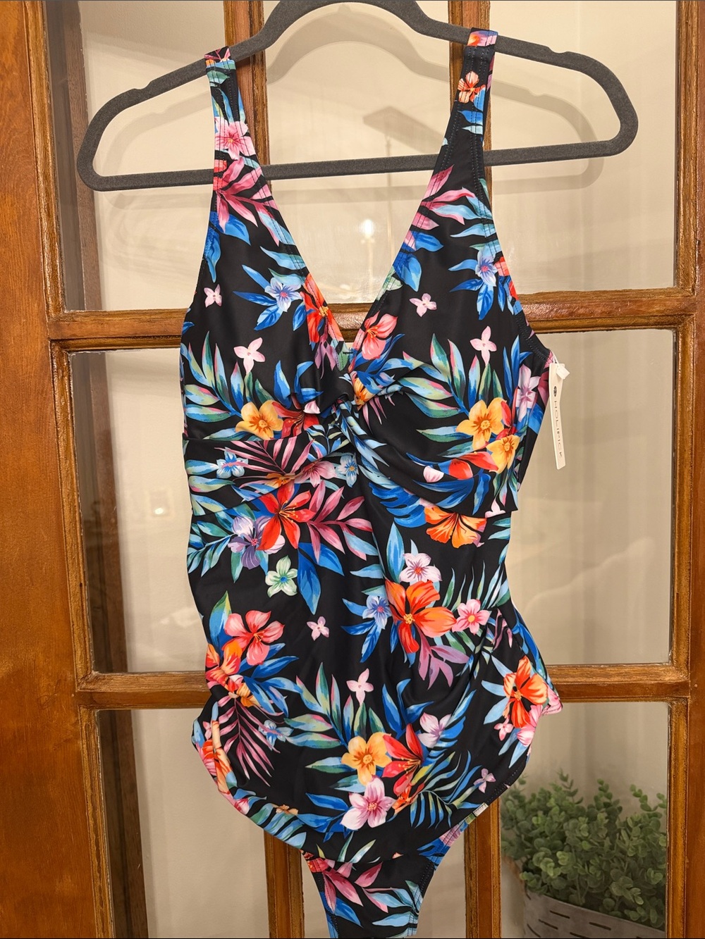 Holipick Floral Twist-Front One-Piece Swimsuit in Black SizeXL